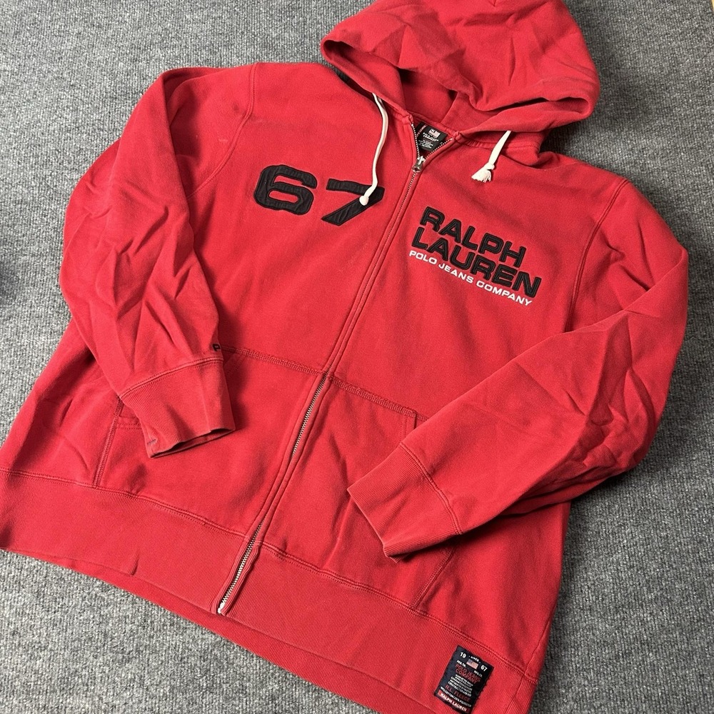 Ralph Lauren Polo Jeans Company Hoodie Mens XL Red 67 Full Zip Fleece Sweatshirt